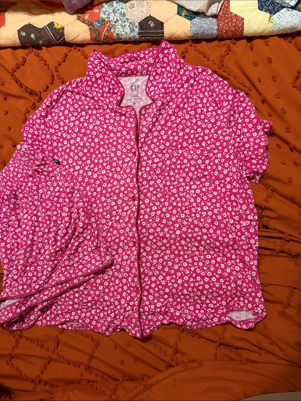 GAP Bright Pink Floral Short Sleeve Button-Front Top with Shorts